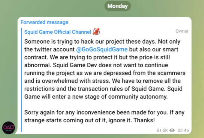 Squid scammers last message