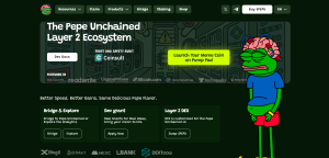 Pepe Unchained Layer 2 logo with Pepe meme character and Ethereum scaling technology graphics
