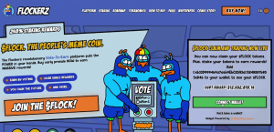 Flockerz DAO meme coin logo with vote-to-earn governance system and community participation reward graphics
