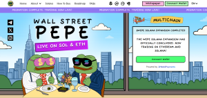 Wall Street Pepe meme coin logo with Pepe character in Wall Street suit with trading insights and insider alpha graphics