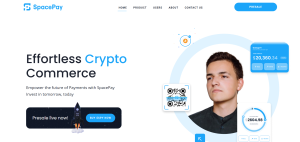 SpacePay logo with cryptocurrency payment integration graphics for retail merchants and payment terminals