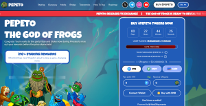 Pepeto meme cryptocurrency logo with Pepe frog character featuring DeFi utility and staking functions