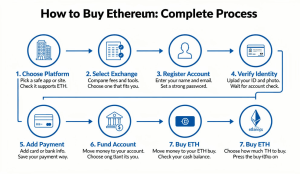 Step-by-step infographic showing how to buy Ethereum process from platform selection to secure wallet storage
