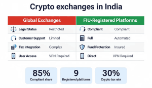 Coinbase vs Binance India comparison infographic showing regulatory compliance differences between global and local crypto exchanges
