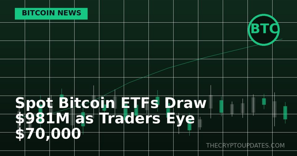 Spot Bitcoin ETFs Draw $981M as Traders Eye $70,000