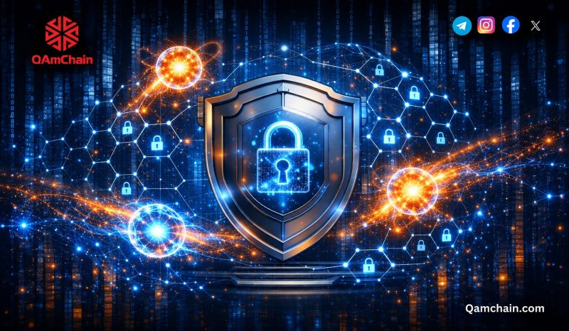 QAmChain graphic of a padlock shield protected by a quantum encryption network