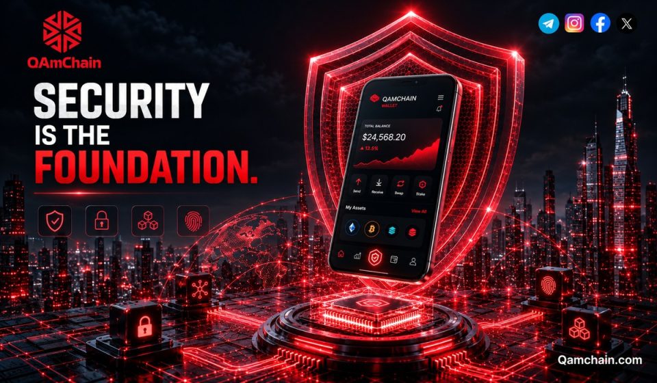Q-AMCHAIN security graphic with a shield and mobile wallet app