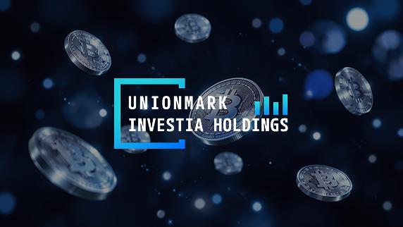 Unionmark Investia Holdings logo over floating Bitcoin coins